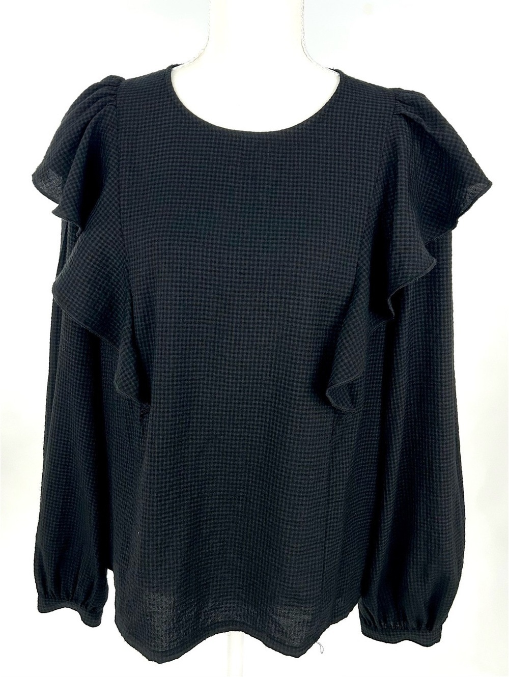 Madewell Quiet Luxury Black Waffle Knit Ruffle Sleeve Blouse Med